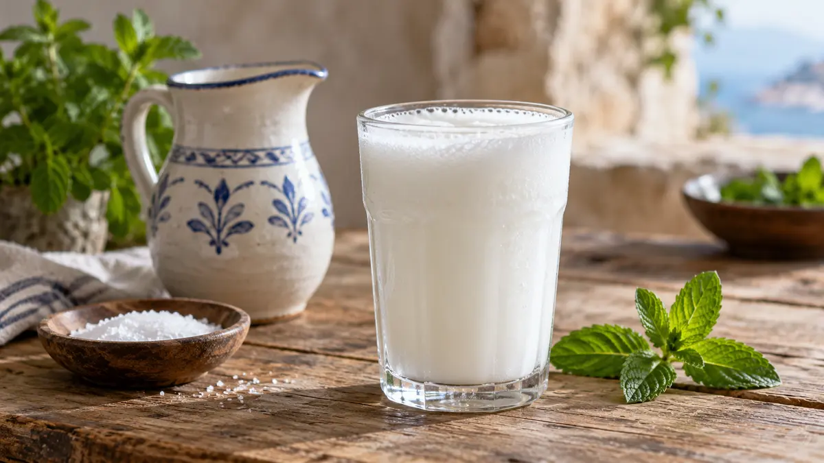 Vaso de ayran frío con espuma ligera sobre una mesa de madera