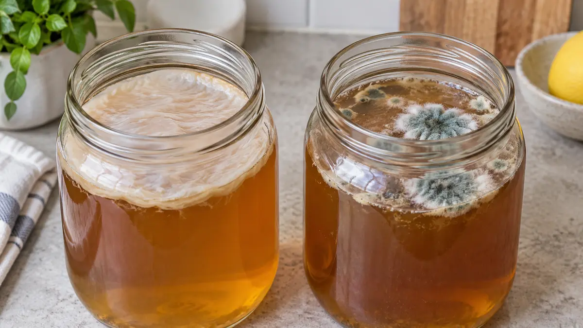 Dos tarros de kombucha: película blanca tipo Kahm y colonias de moho verde y blanco